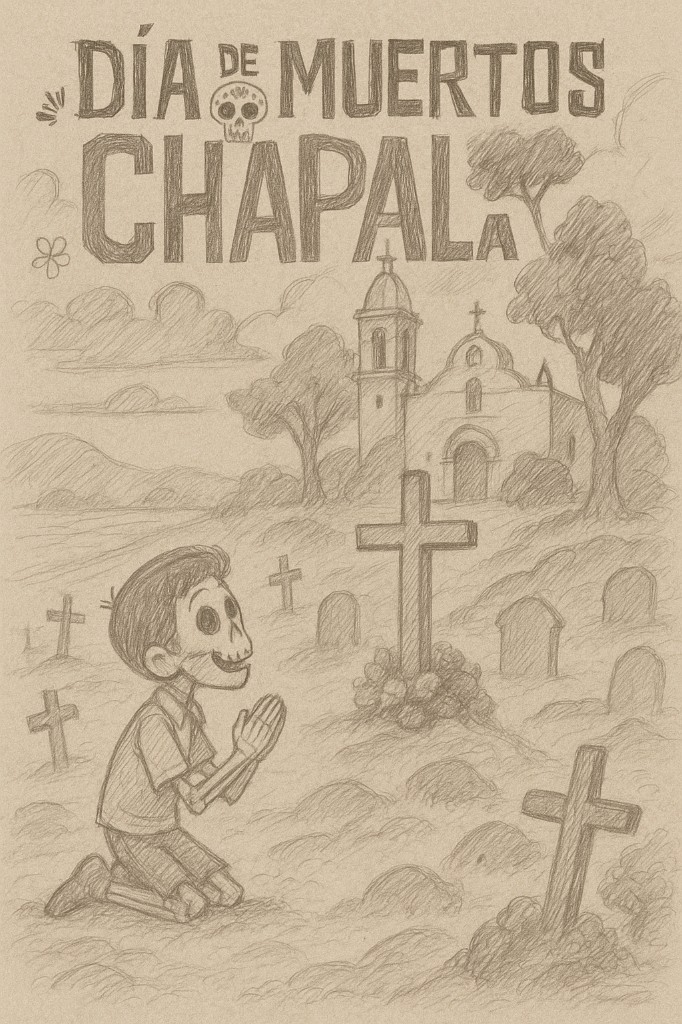 Concept sketch — a boy praying at a grave in the Chapala cemetery