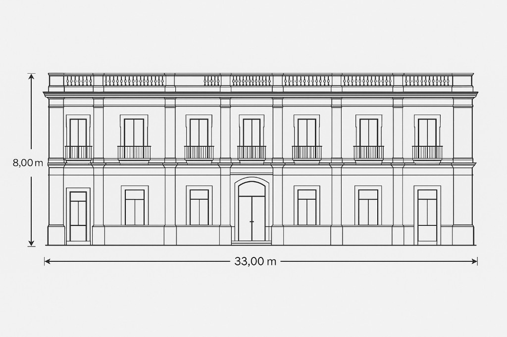 Measured elevation of the Chapala facade for architectural projection mapping — 33 m wide by 8 m tall