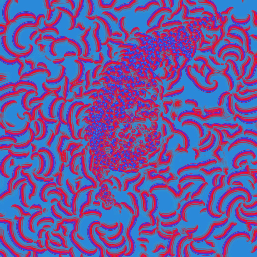 Swirling coral organism in a blue reaction-diffusion field