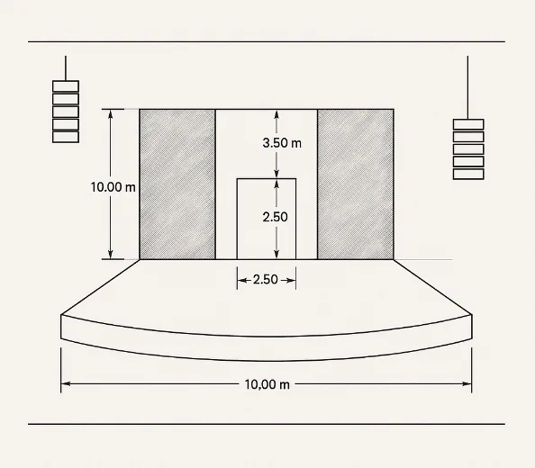 Elevation drawing of the WAVEY runway: 10-metre walk, 10-metre LED walls and a 2.5-metre portal