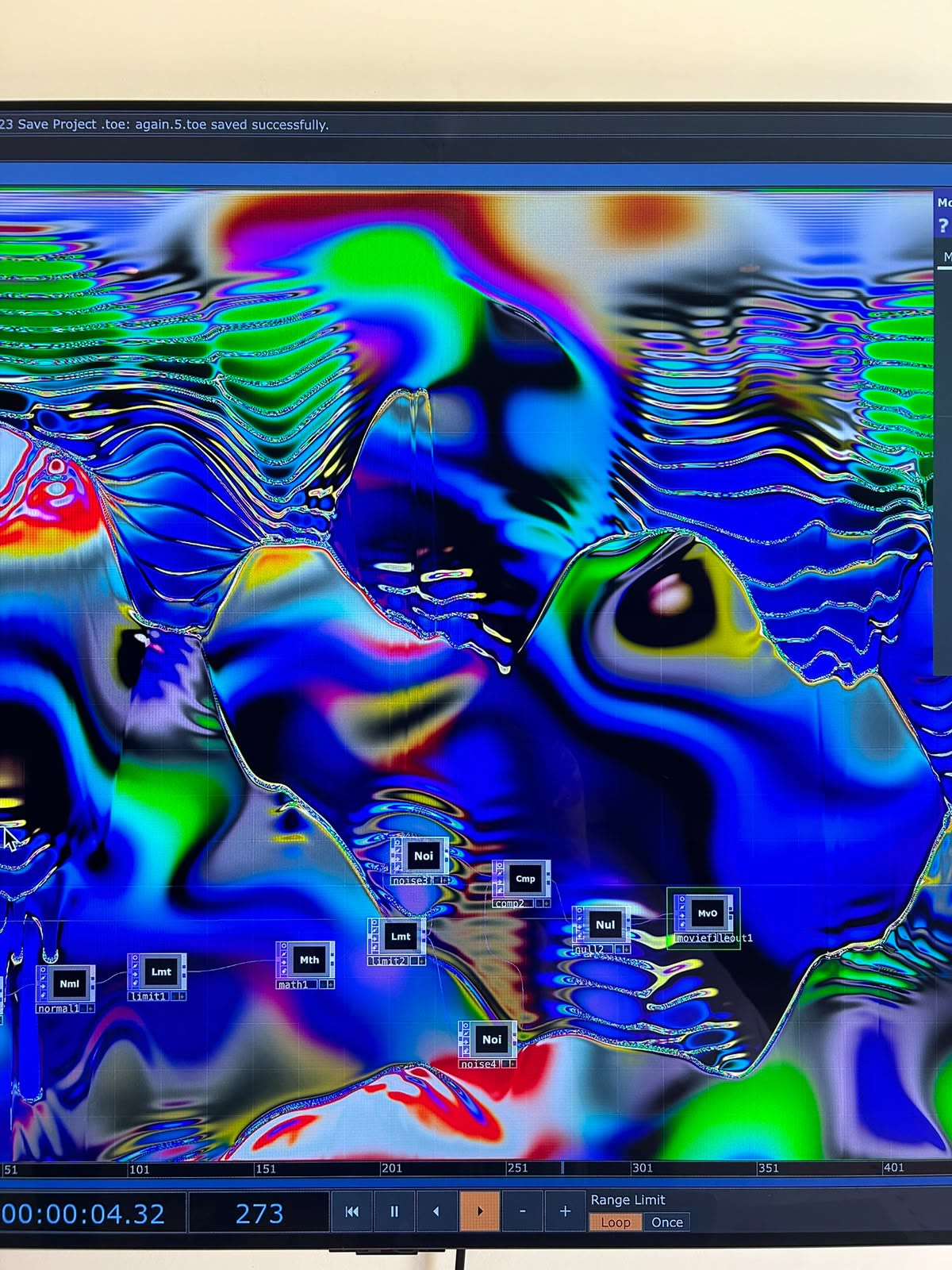 TouchDesigner control surface showing the iridescent WAVEY visual system during production